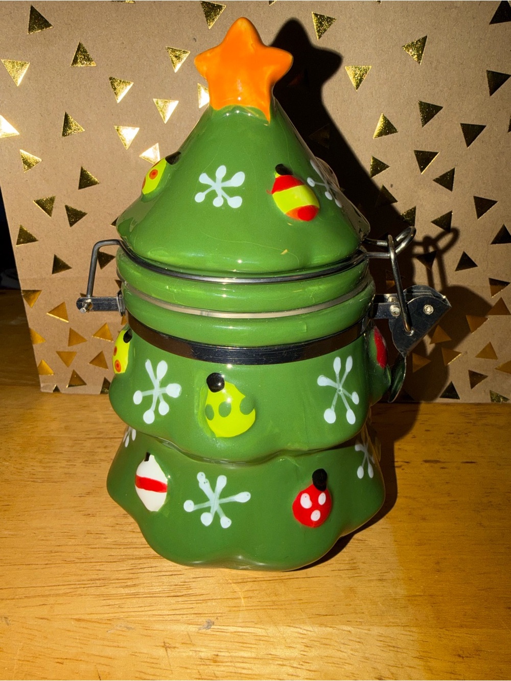 Holiday Ceramic Christmas Tree Cookie Jar - Green with Orange Star